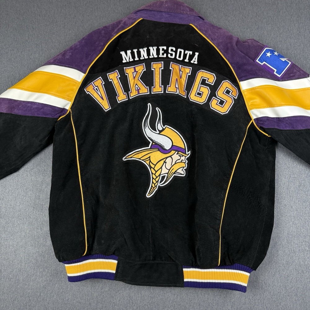 Vintage Minnesota Vikings Suede Leather Jacket XL Black Purple Yellow NFL Grail